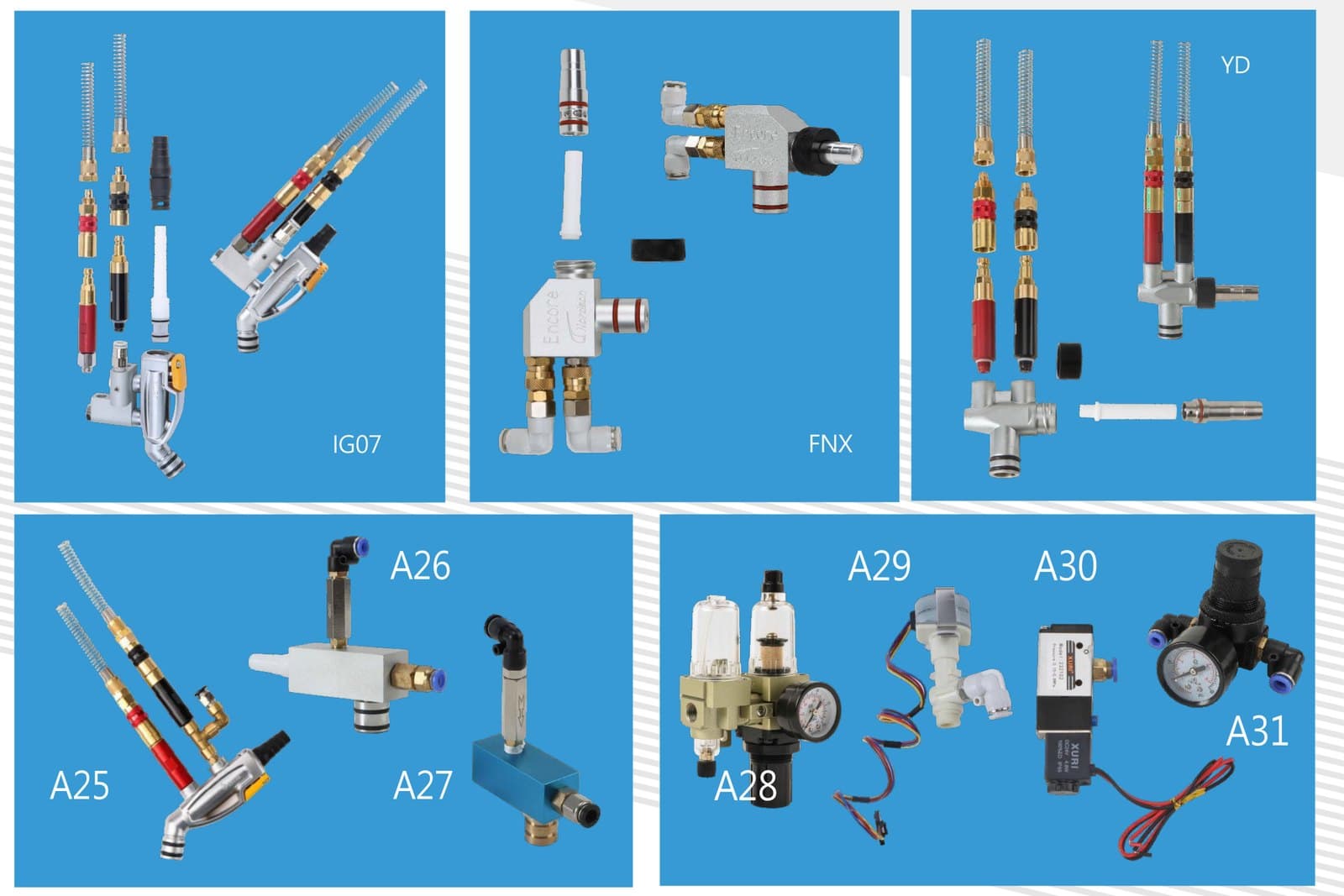 Powder injectors and pneumatic parts